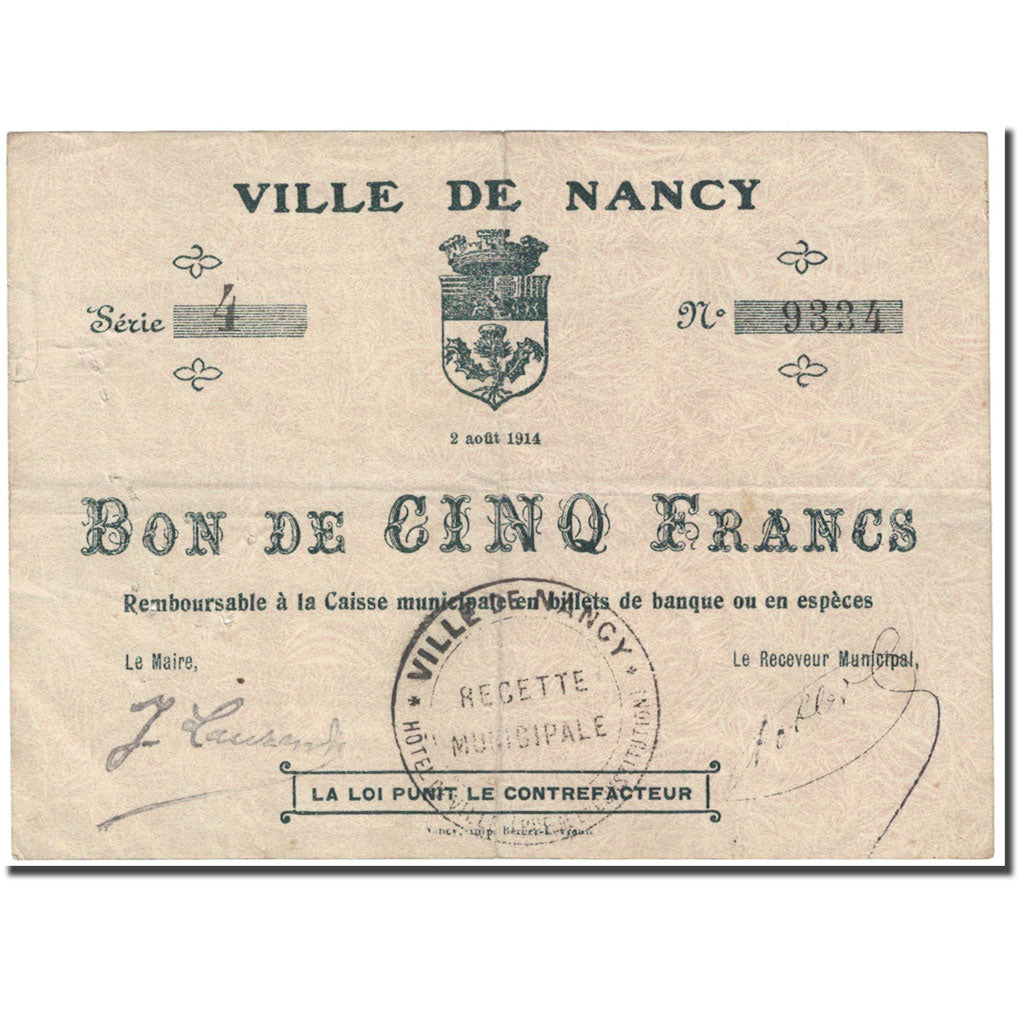 Frankreich, Nancy, 5 Francs, 1914, Bon de Municipalité, SGE, Pirot:54-83