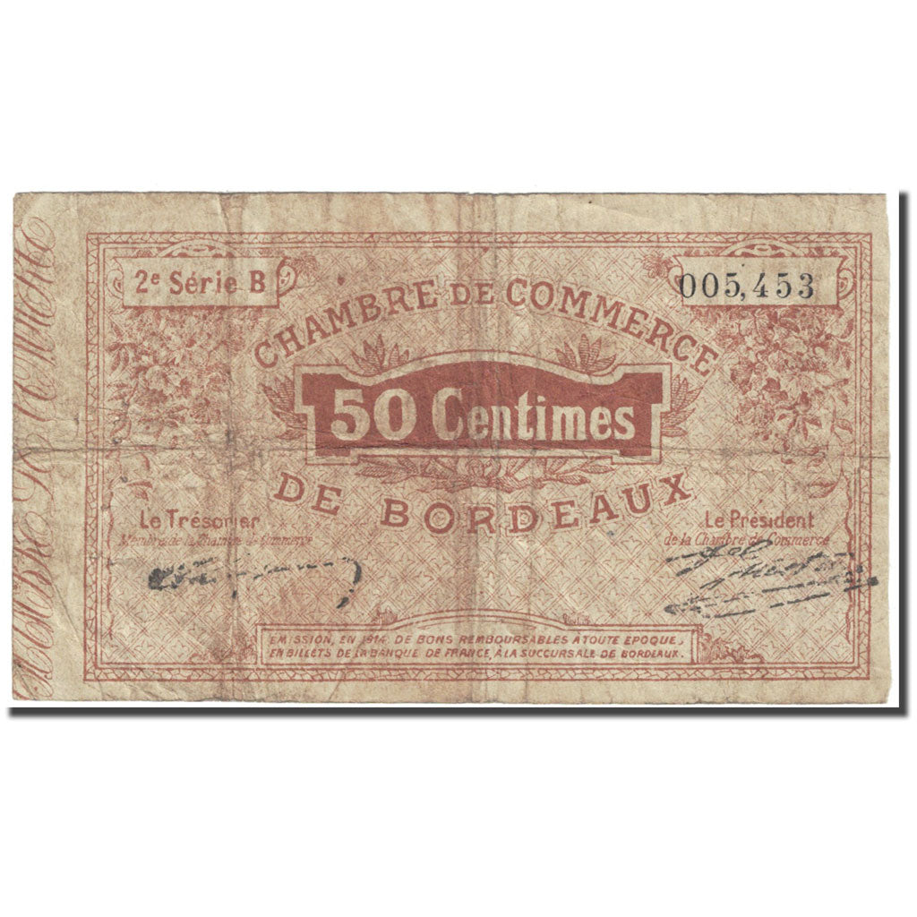 France, Bordeaux, 50 Centimes, 1914, Chambre de Commerce, VG(8-10), Pirot:30-01