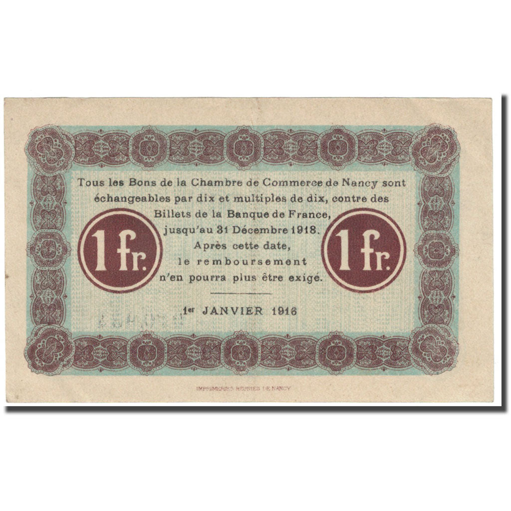 France, Nancy, 1 Franc, 1916, Chambre de Commerce, AU(55-58), Pirot:87-08