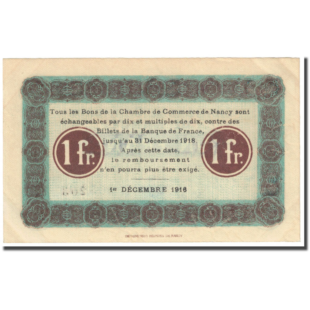 France, Nancy, 1 Franc, 1916, Chambre de Commerce, AU(55-58), Pirot:87-10