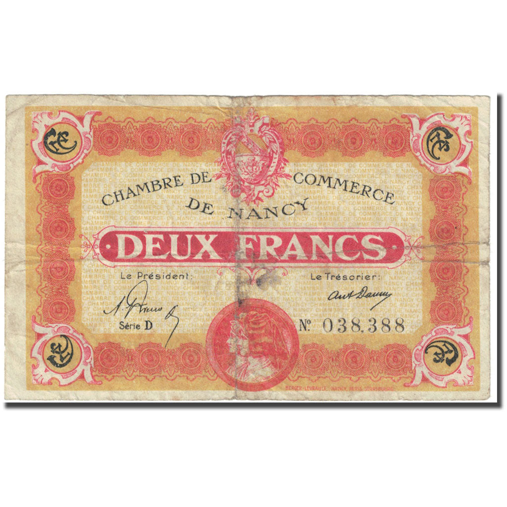 Francia, Nancy, 2 Francs, 1919, Chambre de Commerce, B, Pirot:87-32