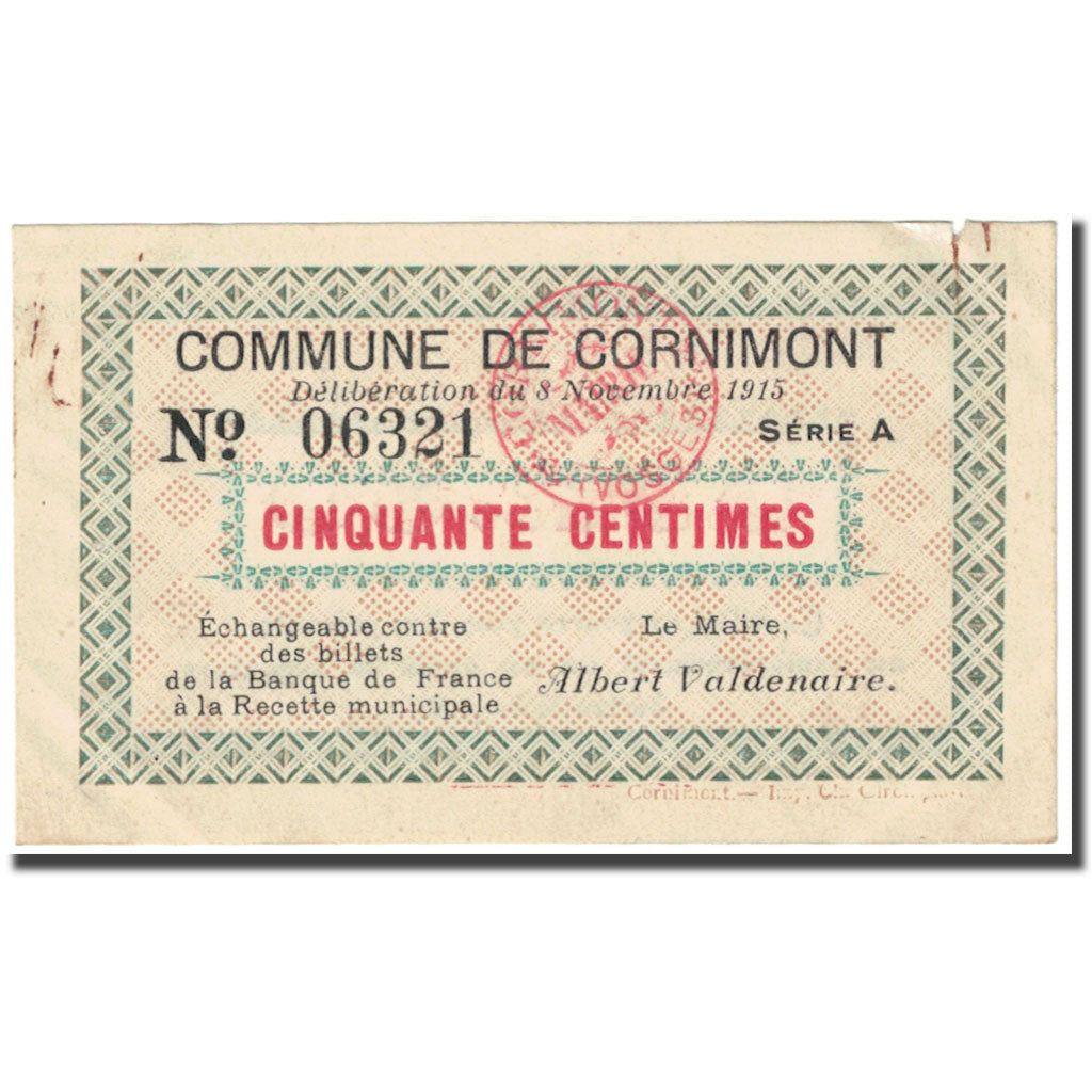 France, Cornimont, 50 Centimes, 1915, Emission Municipale, EF(40-45)