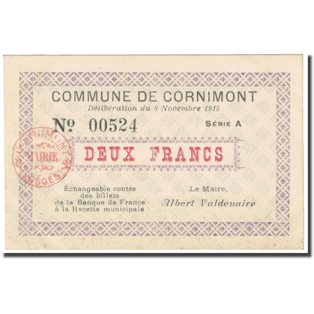 França, Cornimont, 2 Francs, 1915, Emission Municipale, AU(55-58), Pirot:88-15