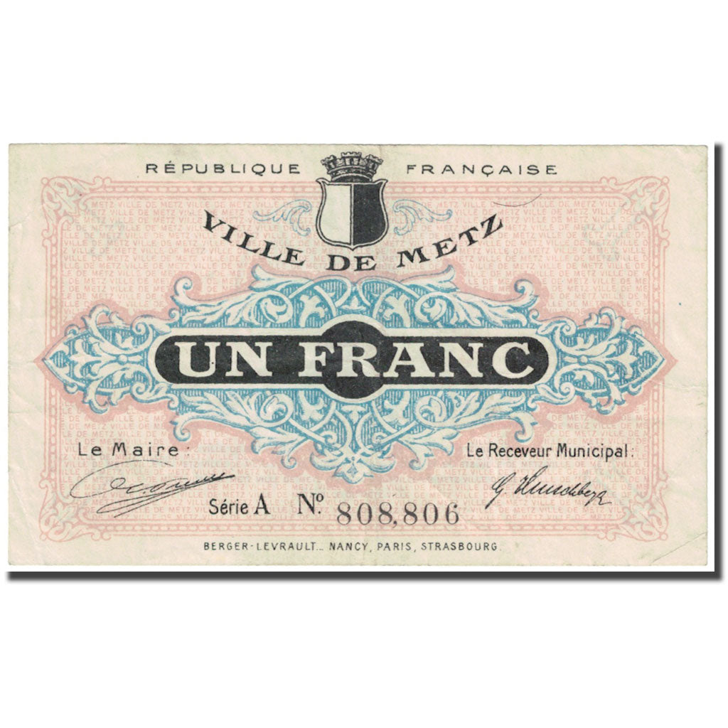 Francia, Metz, 1 Franc, 1918, Emission Municipale, BC, Pirot:131-4