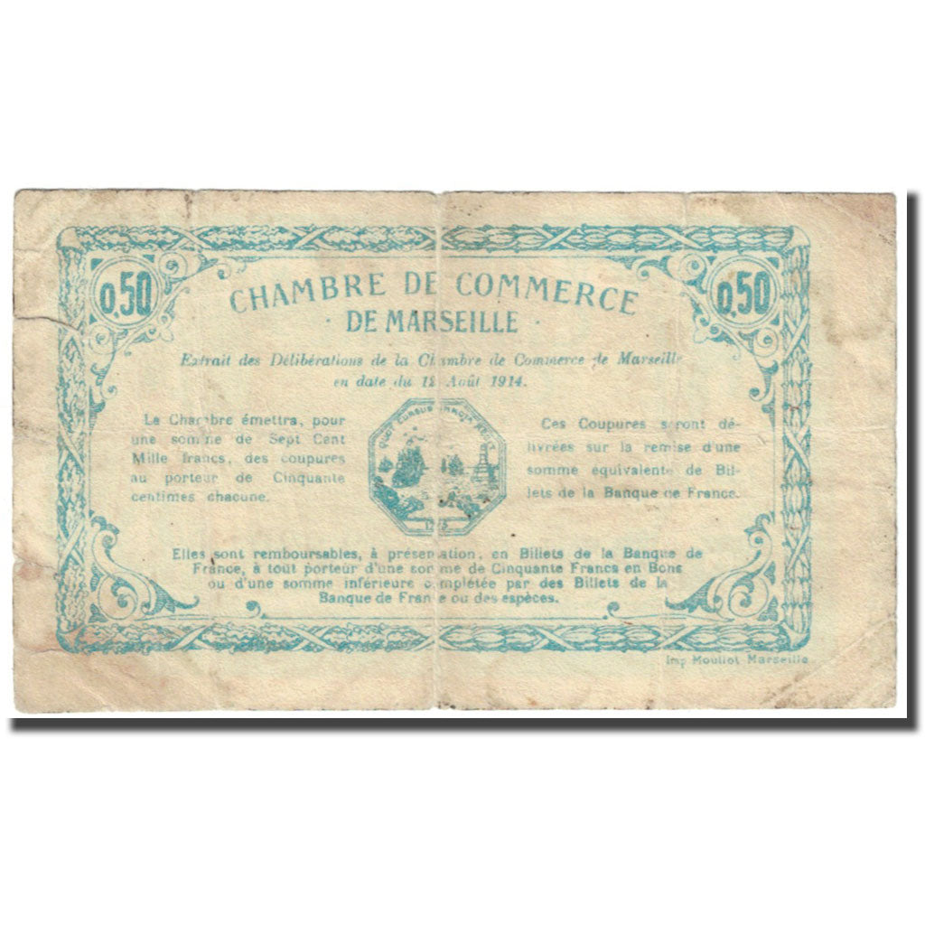 France, Marseille, 50 Centimes, 1914, Chambre de Commerce, VF(20-25)