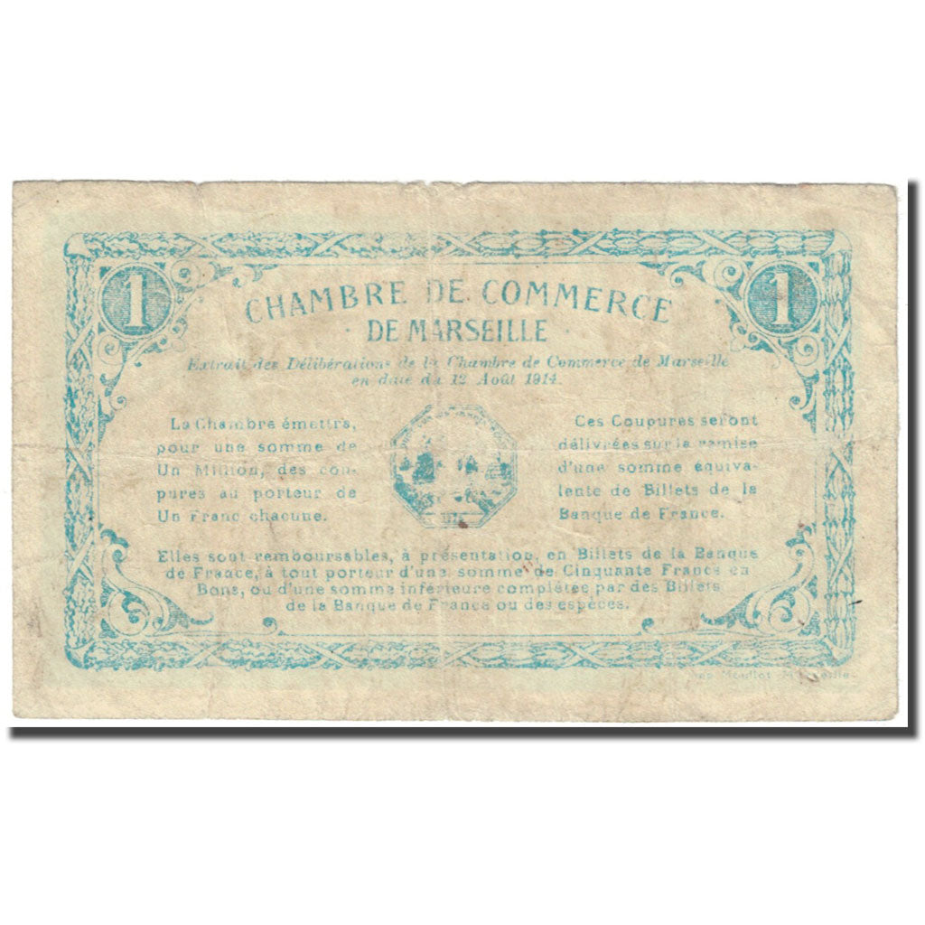 France, Marseille, 1 Franc, 1914, Chambre de Commerce, VF(20-25), Pirot:79-41