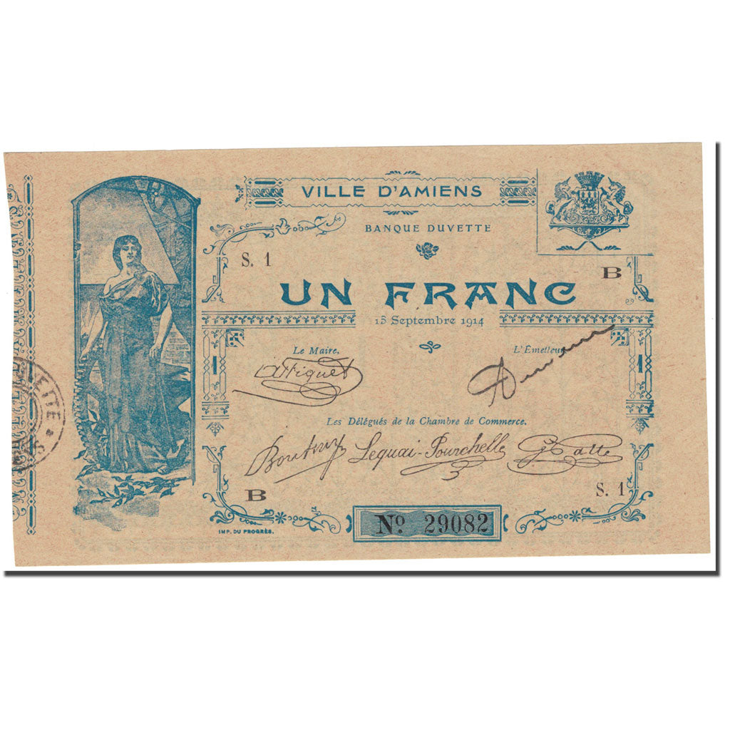 France, Amiens, 1 Franc, 1914, Bon Municipal / Banque Duvette, UNC(63)