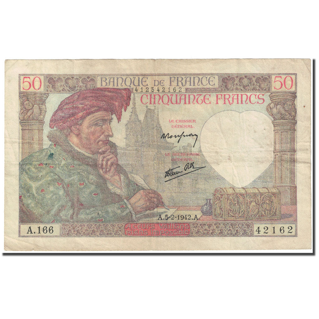 Francia, 50 Francs, Jacques Coeur, 1942, 1942-02-05, BC, Fayette:19.19, KM:93