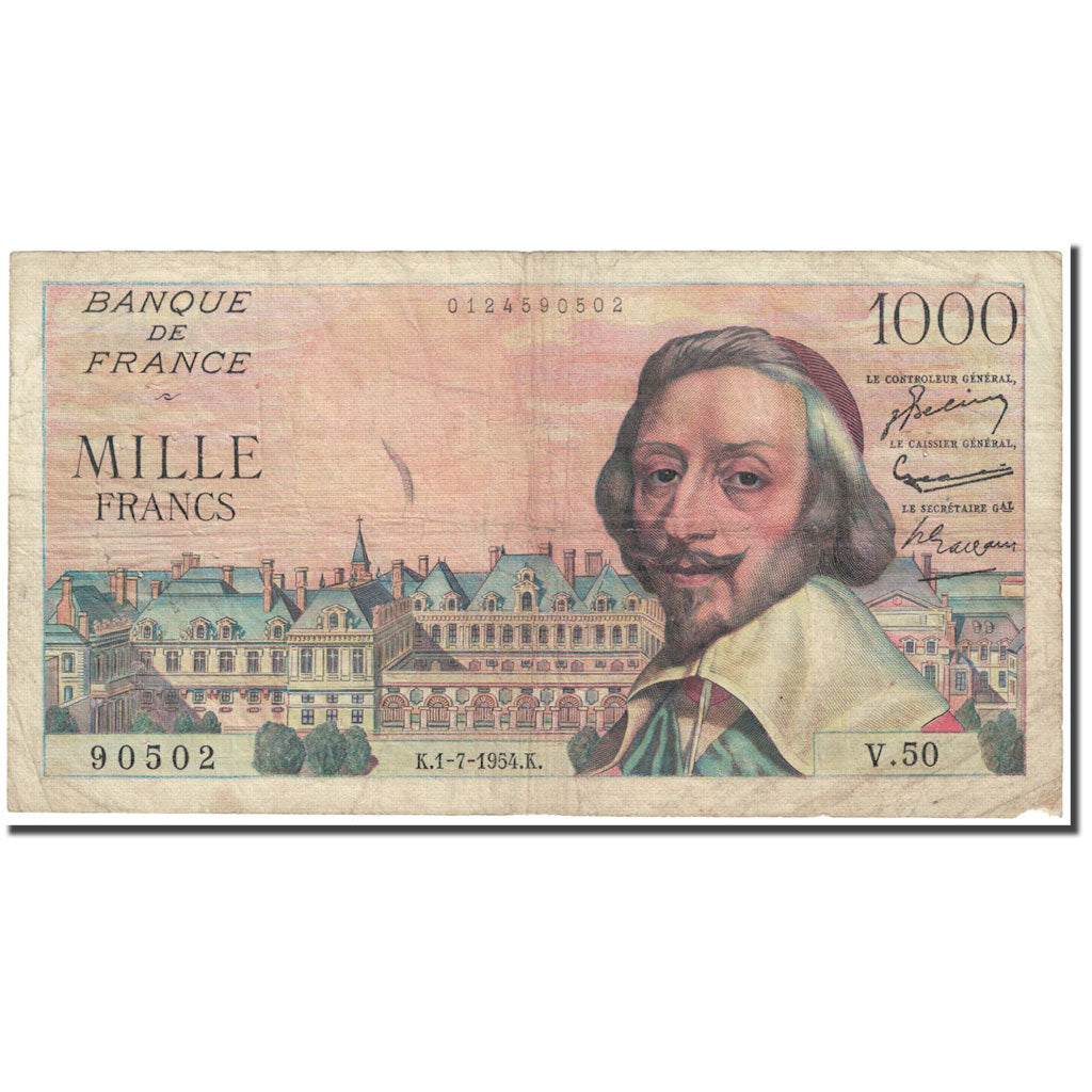 França, 1000 Francs, Richelieu, 1954, 1954-07-01, VG(8-10), Fayette:42.6