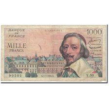 França, 1000 Francs, Richelieu, 1954, 1954-07-01, VG(8-10), Fayette:42.6