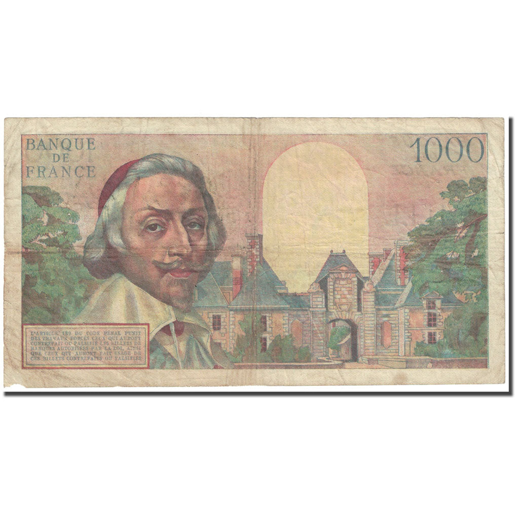 França, 1000 Francs, Richelieu, 1954, 1954-07-01, VG(8-10), Fayette:42.6