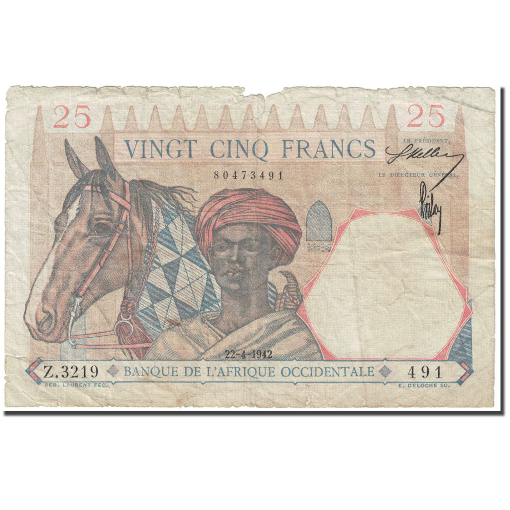 Banknot, Francuska Afryka Równikowa, 25 Francs, 1942, 1942-04-22, KM:7a