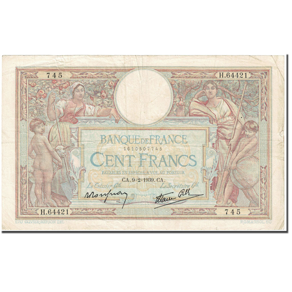 Frankreich, 100 Francs, Luc Olivier Merson, 1939, 1939-02-09, S, Fayette:25.42