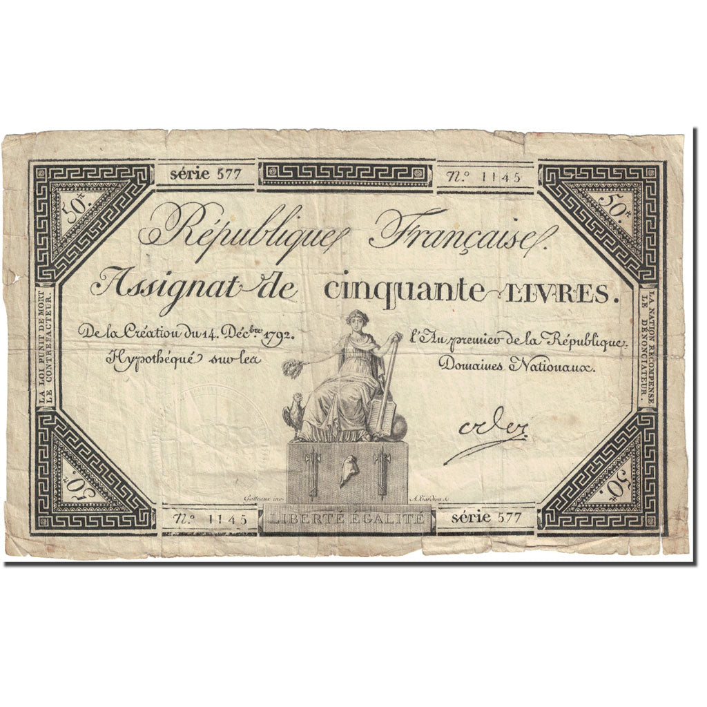 France, 50 Livres, 1792, Oder, 1792-12-14, VF(30-35), KM:A72, Lafaurie:164
