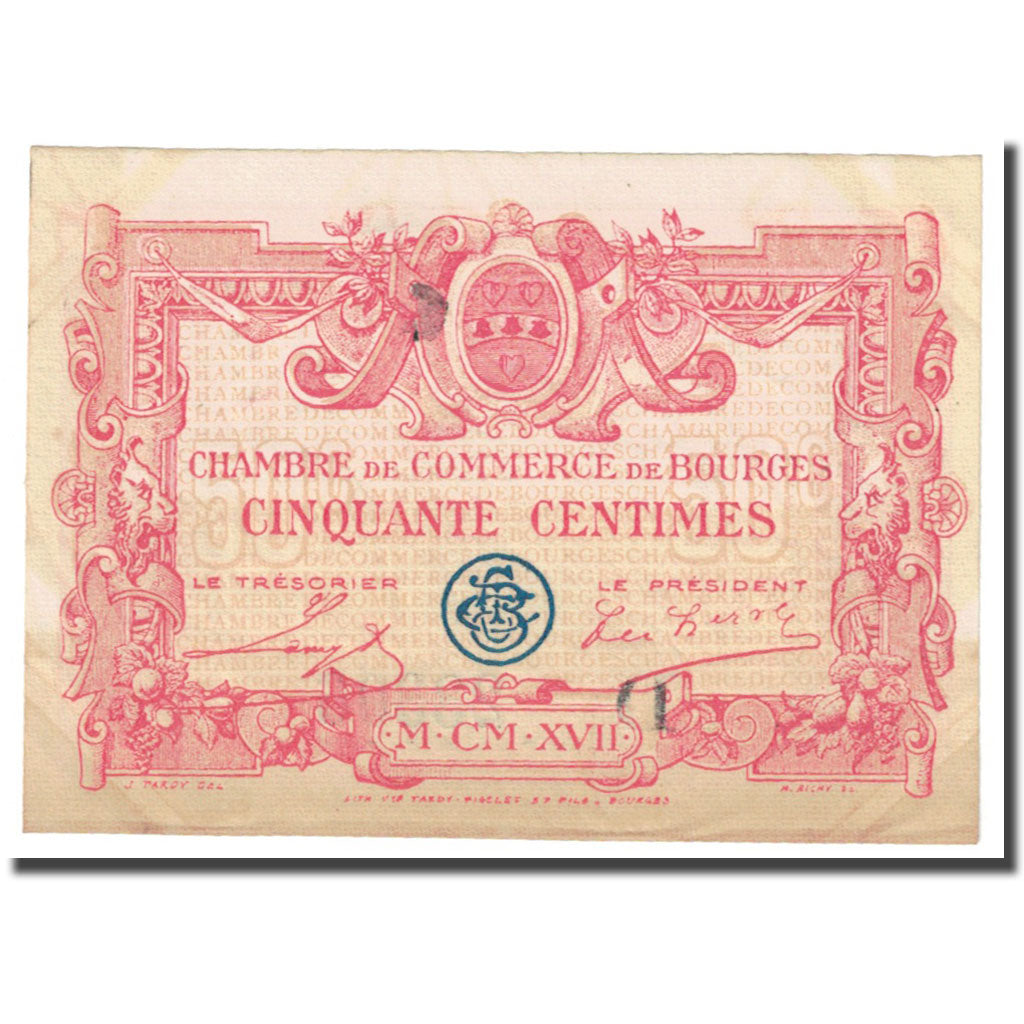 Francia, Bourges, 50 Centimes, 1917, Chambre de Commerce, MBC, Pirot:32-8