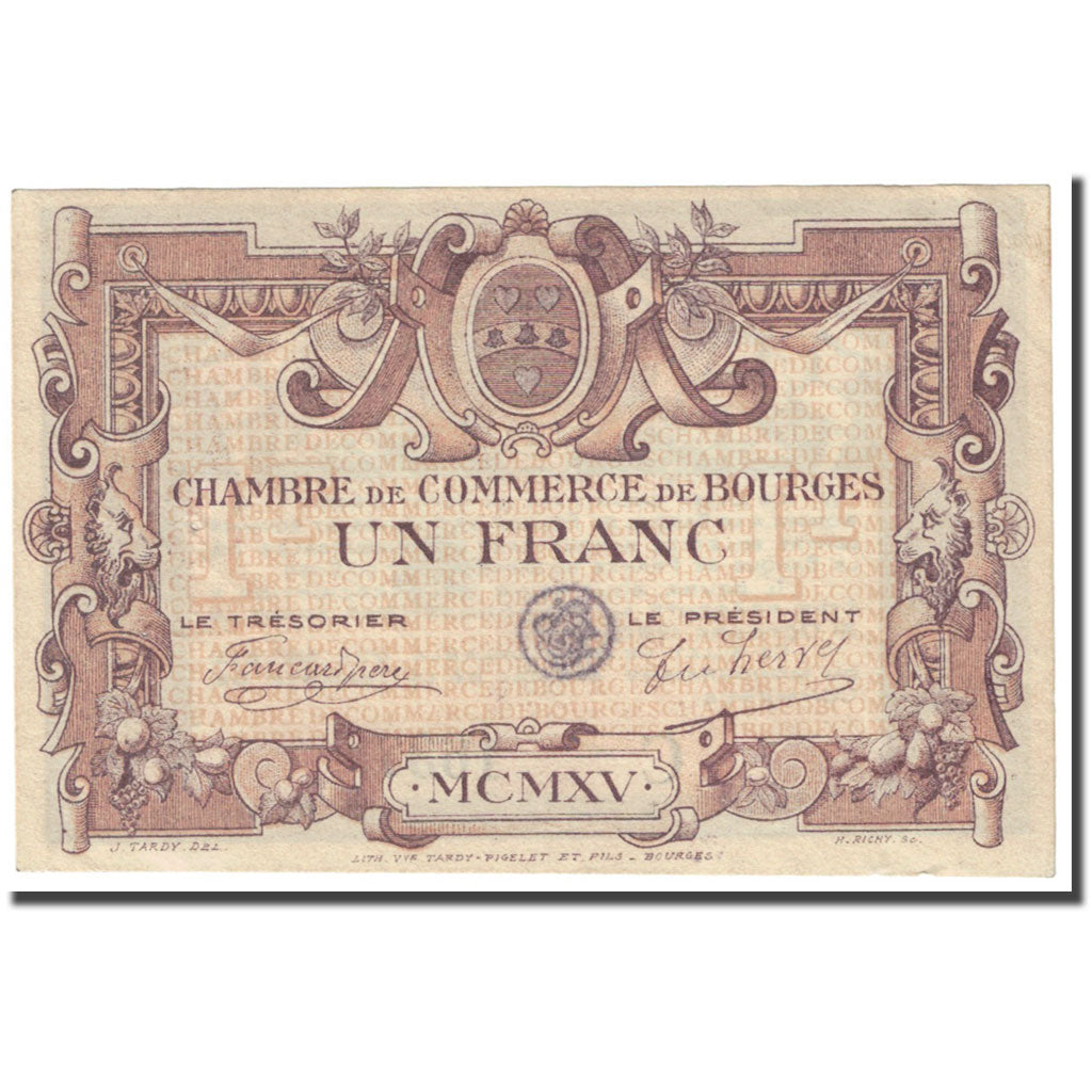 France, Bourges, 1 Franc, 1915, Chambre de Commerce, AU(55-58), Pirot:32-2
