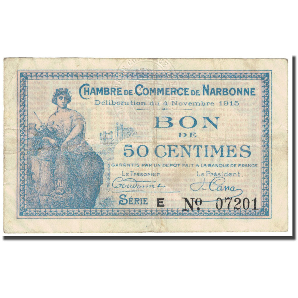 France, Narbonne, 50 Centimes, 1915, Chambre de commerce / Bon de, VF(20-25)