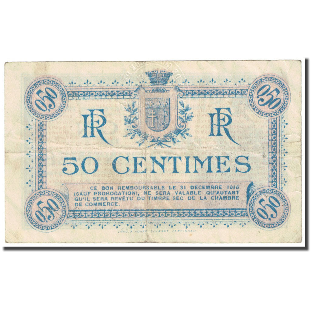France, Narbonne, 50 Centimes, 1915, Chambre de commerce / Bon de, VF(20-25)
