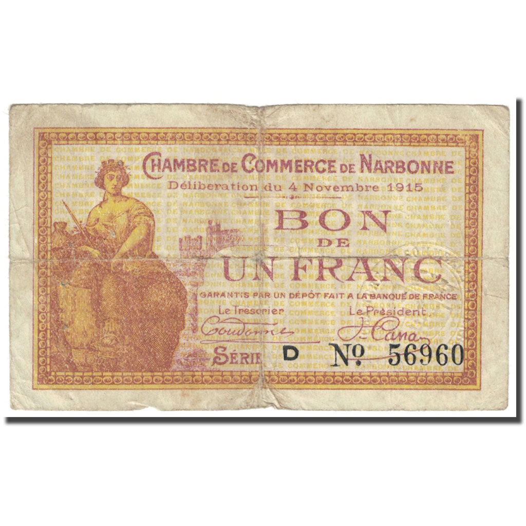 France, Narbonne, 1 Franc, 1915, Chambre de commerce / Bon de, B, Pirot:89-6