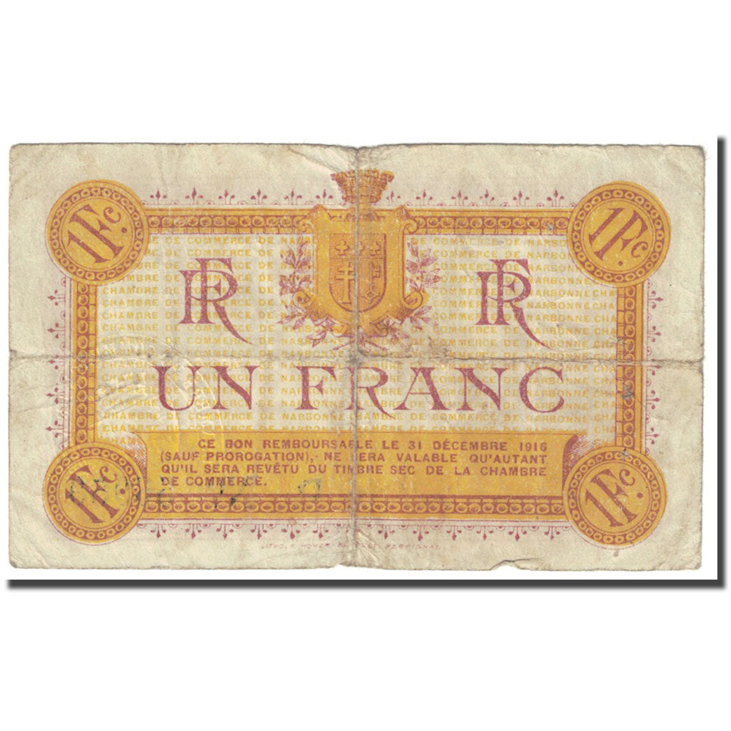 France, Narbonne, 1 Franc, 1915, Chambre de commerce / Bon de, B, Pirot:89-6