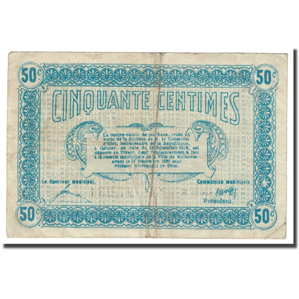 France, Mulhouse, 50 Centimes, 1918, Bon de Municipalité, B, Pirot:132-1