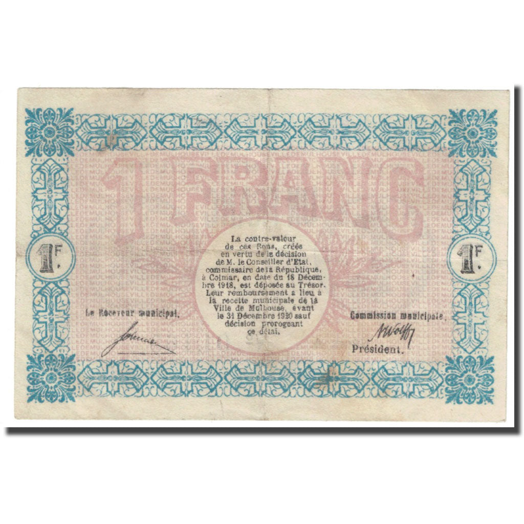 Francia, Mulhouse, 1 Franc, 1918, Bon de Municipalité, MBC, Pirot:132-2