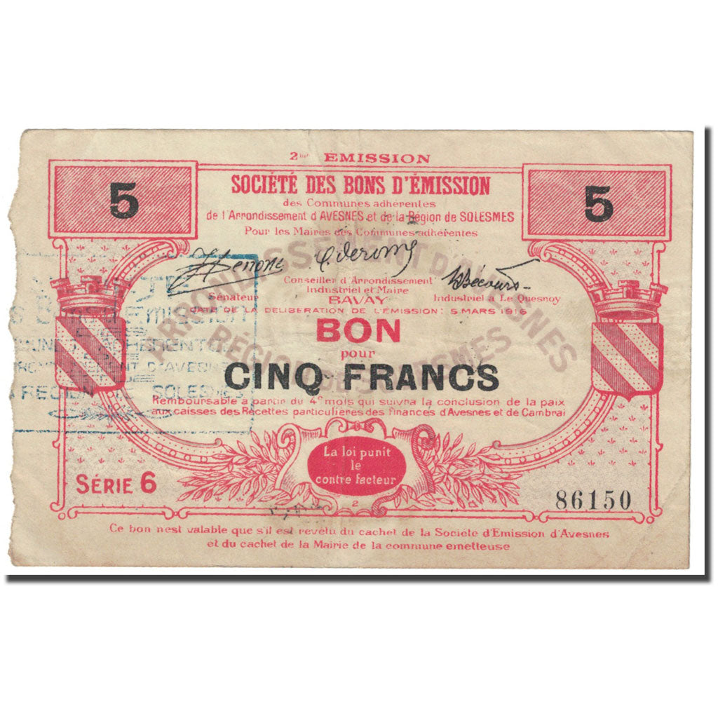 Francja, Avesnes, 5 Francs, Société des bons d'émission / Bon pour
