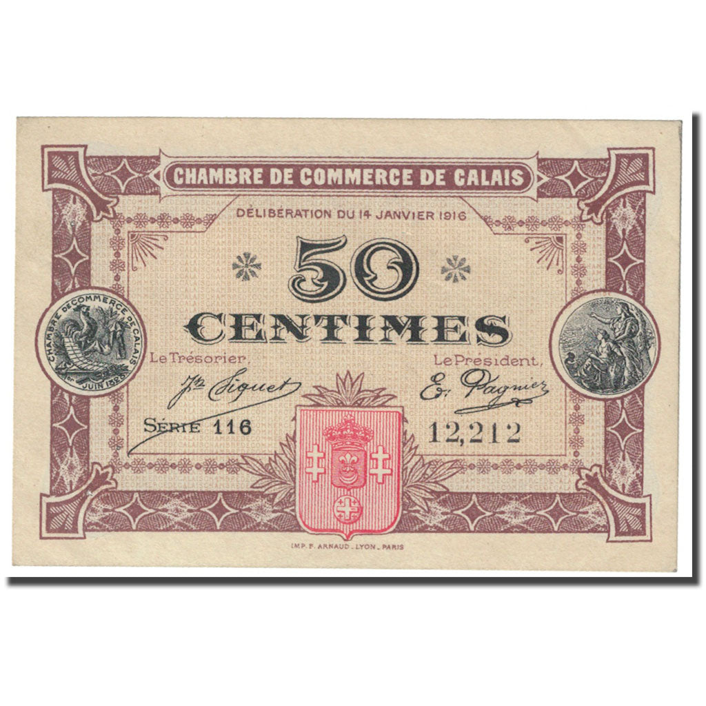 France, Calais, 50 Centimes, 1916, Chambre de Commerce, UNC(63), Pirot:36-21
