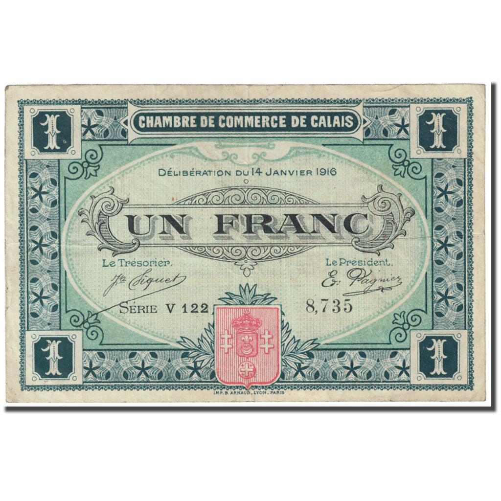 France, Calais, 1 Franc, 1916, Chambre de Commerce, VF(20-25), Pirot:36-25
