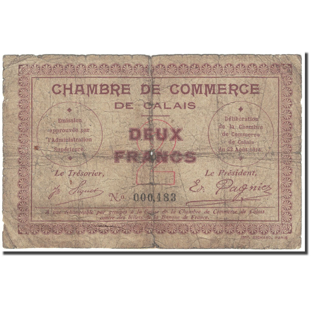 France, Calais, 2 Francs, 1914, Chambre de Commerce, AB, Pirot:36-5