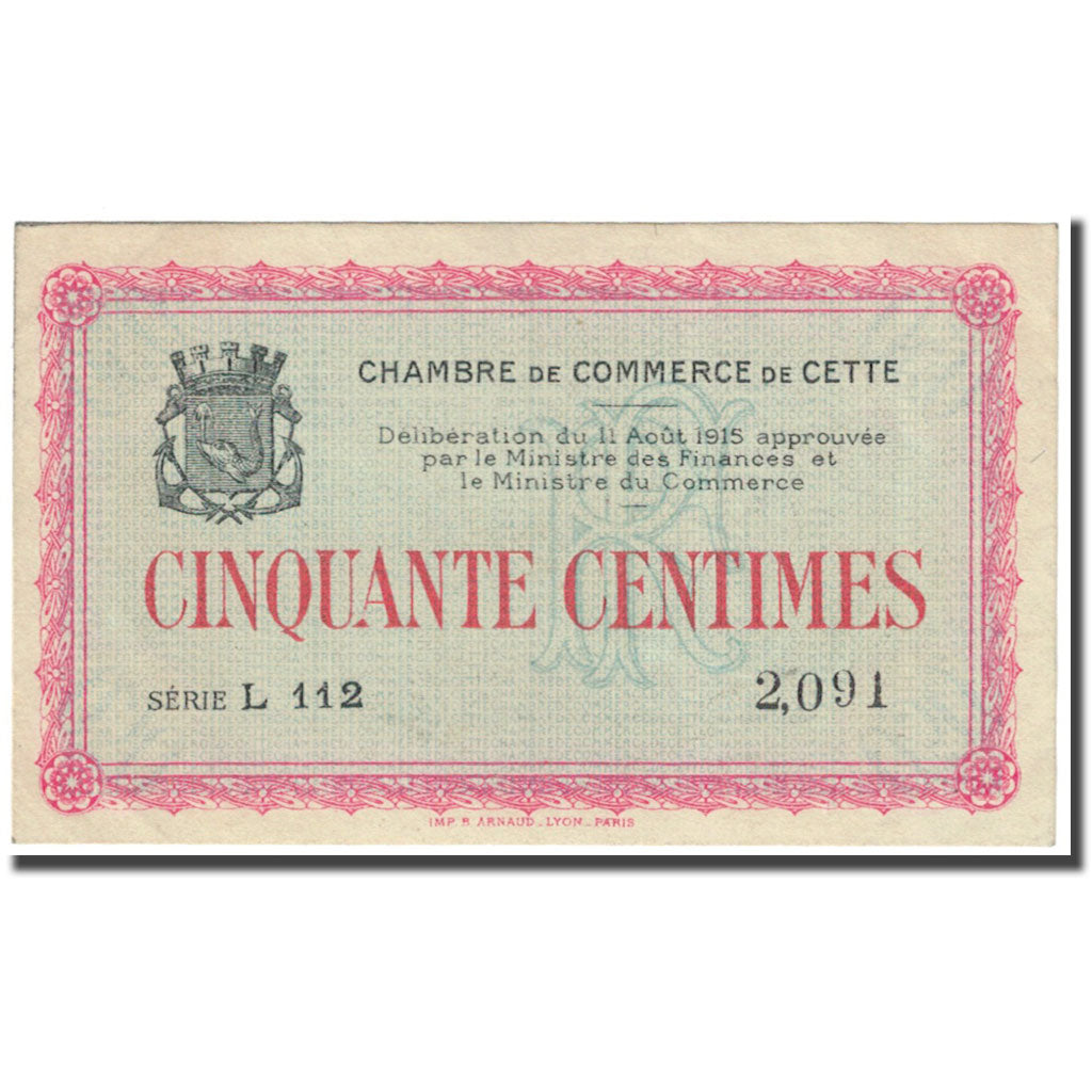France, Cette (Sète)., 50 Centimes, 1915, Chambre de Commerce, AU(55-58)