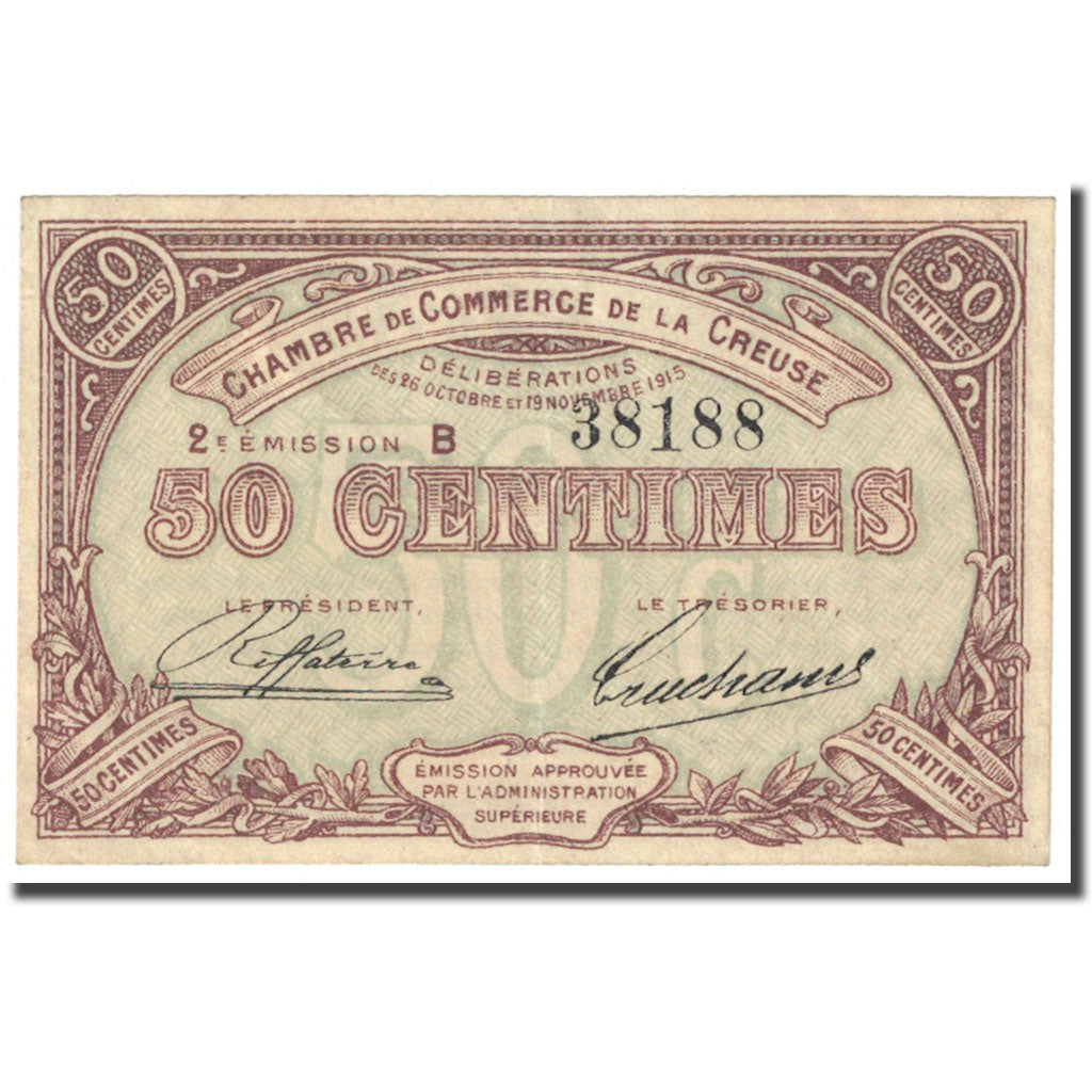 France, Guéret & Aubusson., 50 Centimes, 1915, Chambre de Commerce, EF(40-45)