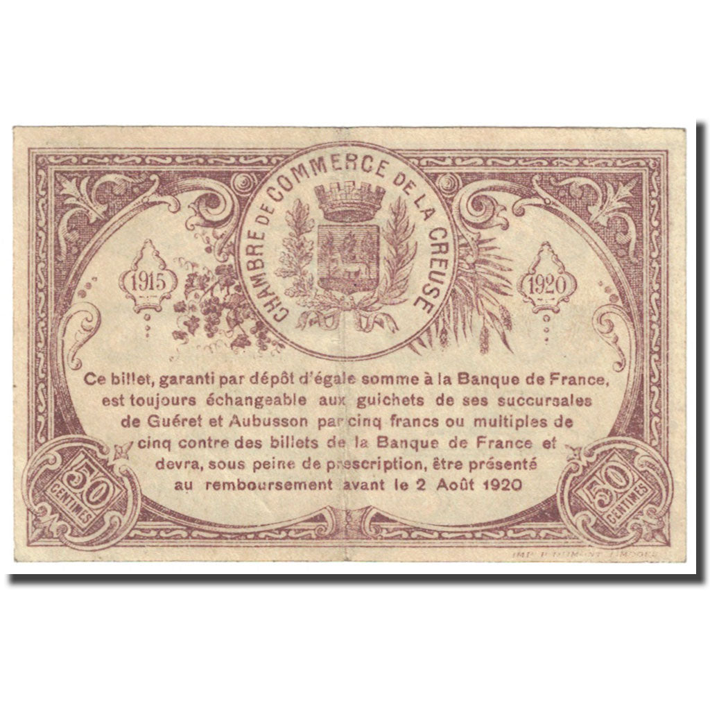 France, Guéret & Aubusson., 50 Centimes, 1915, Chambre de Commerce, EF(40-45)