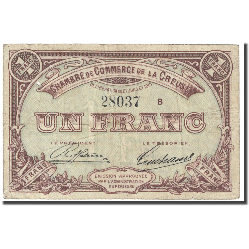 France, Guéret & Aubusson., 1 Franc, 1915, Chambre de Commerce, VF(20-25)