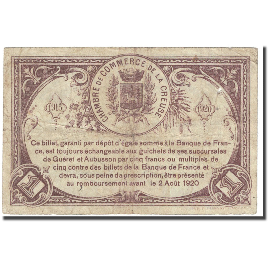 France, Guéret & Aubusson., 1 Franc, 1915, Chambre de Commerce, VF(20-25)