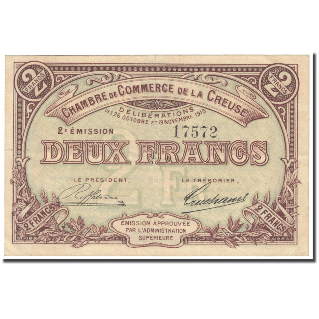 France, Guéret & Aubusson., 2 Francs, 1915, Chambre de Commerce, EF(40-45)
