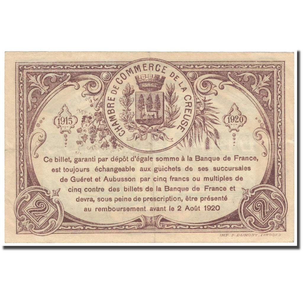 France, Guéret & Aubusson., 2 Francs, 1915, Chambre de Commerce, EF(40-45)