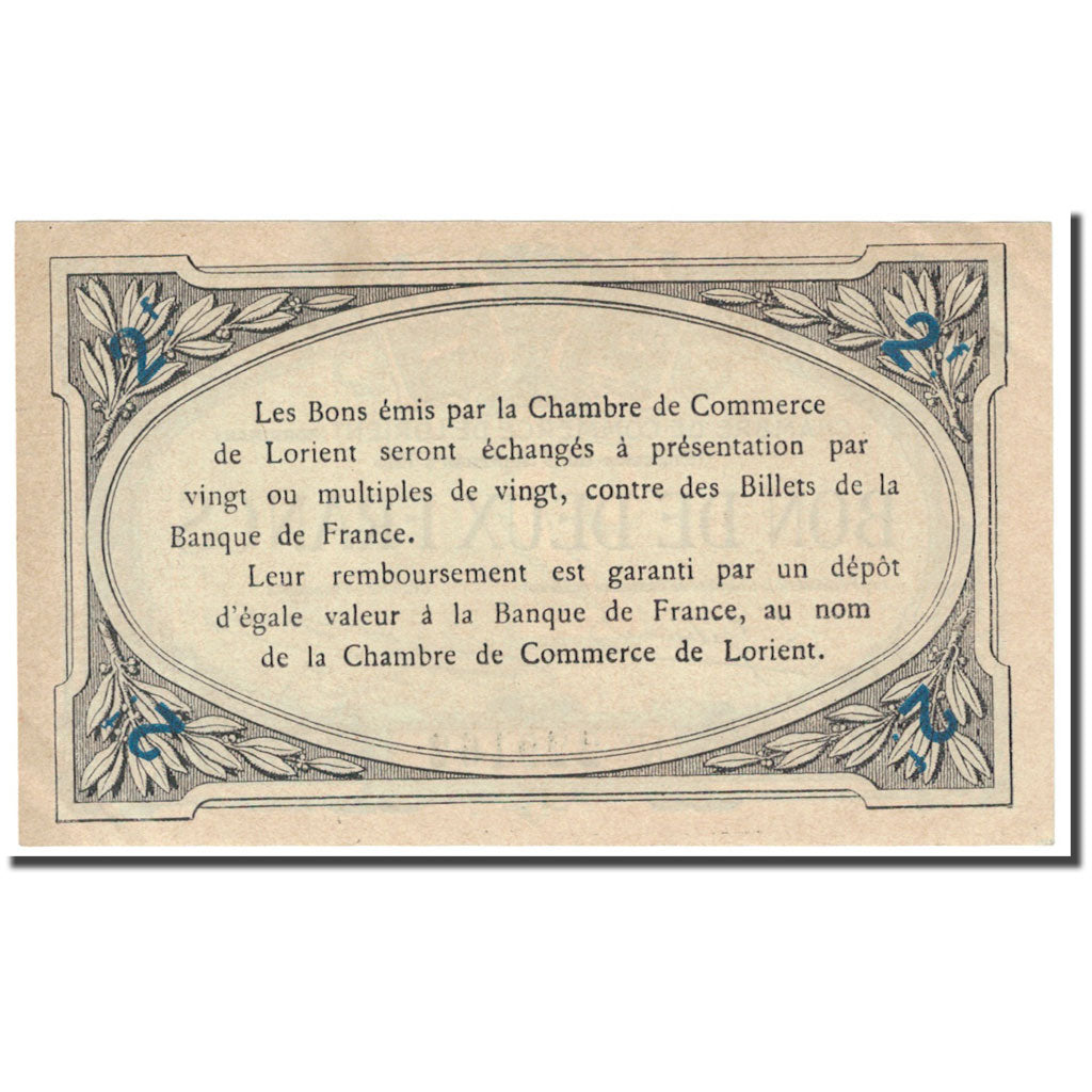 France, Lorient, 2 Francs, 1915, Chambre de commerce / Bon de, EF(40-45)