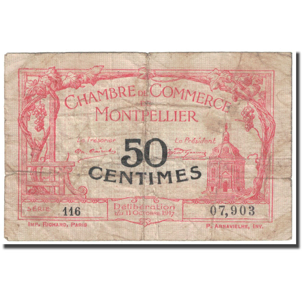 France, Montpellier, 50 Centimes, 1917, Chambre de Commerce, VG(8-10)