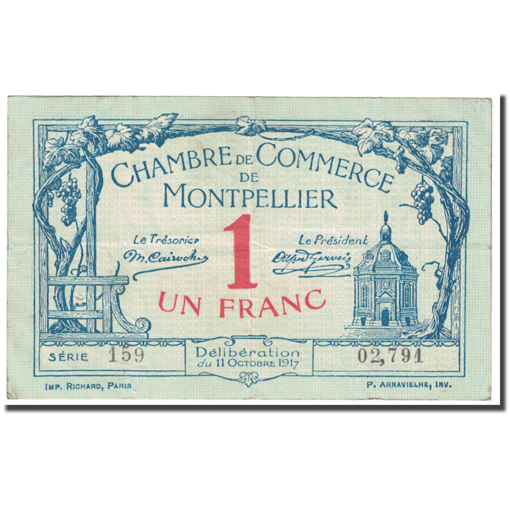France, Montpellier, 1 Franc, 1917, Chambre de Commerce, VF(20-25), Pirot:85-18
