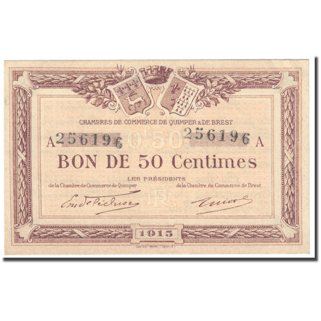 France, Quimper & Brest., 50 Centimes, 1915, Chambre de commerce / Bon de