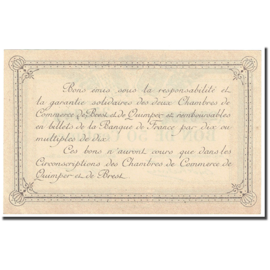 France, Quimper & Brest., 50 Centimes, 1915, Chambre de commerce / Bon de