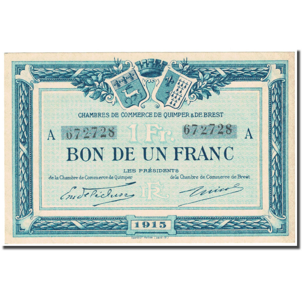 France, Quimper & Brest., 1 Franc, 1915, Chambre de commerce / Bon de