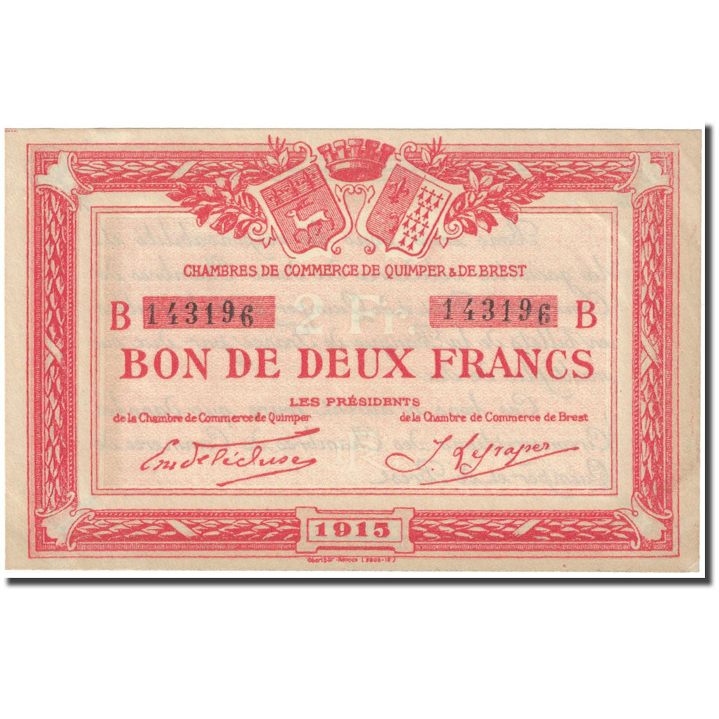 France, Quimper & Brest., 2 Francs, 1915, Chambre de commerce / Bon de, UNC(63)