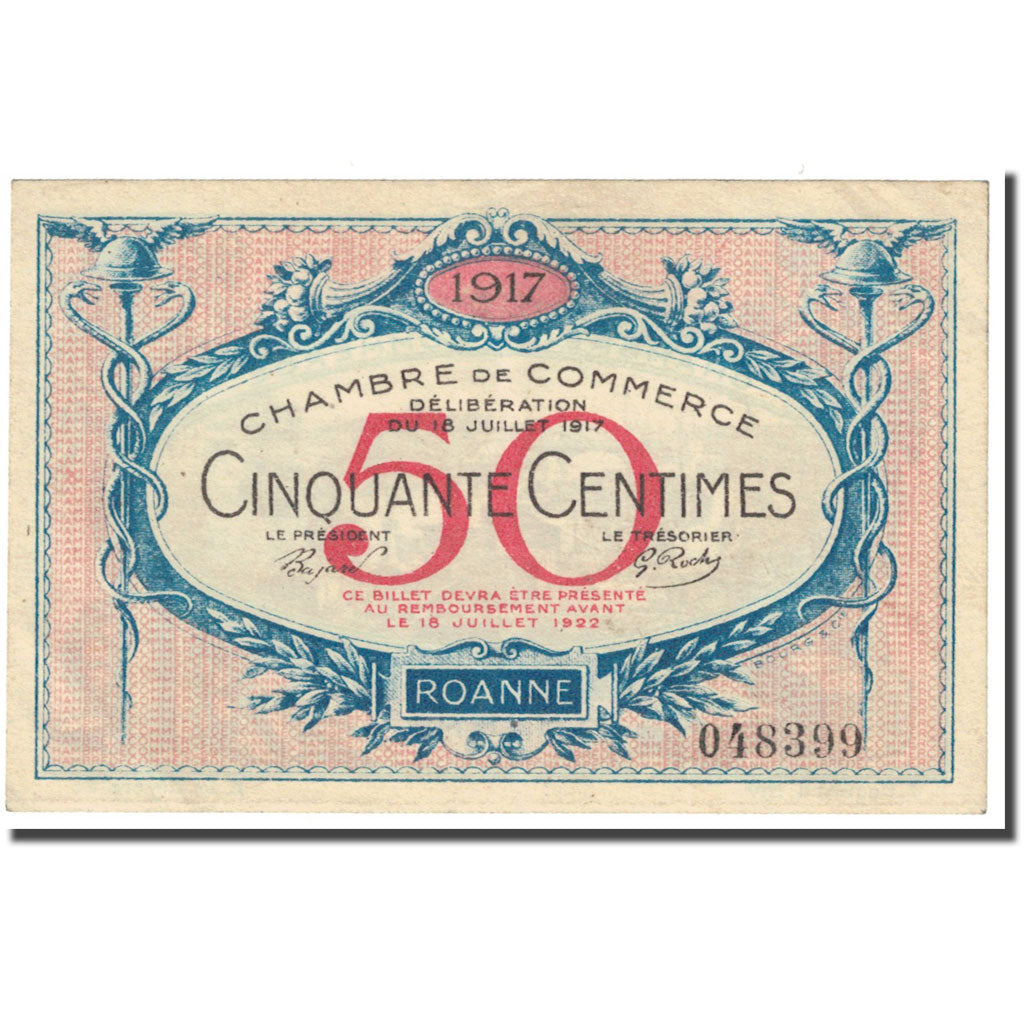 França, Roanne, 50 Centimes, 1917, Chambre de Commerce, AU(55-58), Pirot:106-9