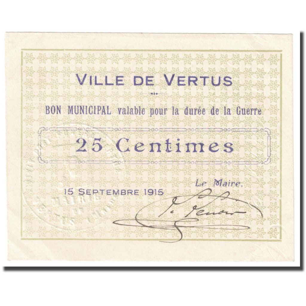 Francia, Vertus, 25 Centimes, 1915, Bon Municipal., SC, Pirot:51-50