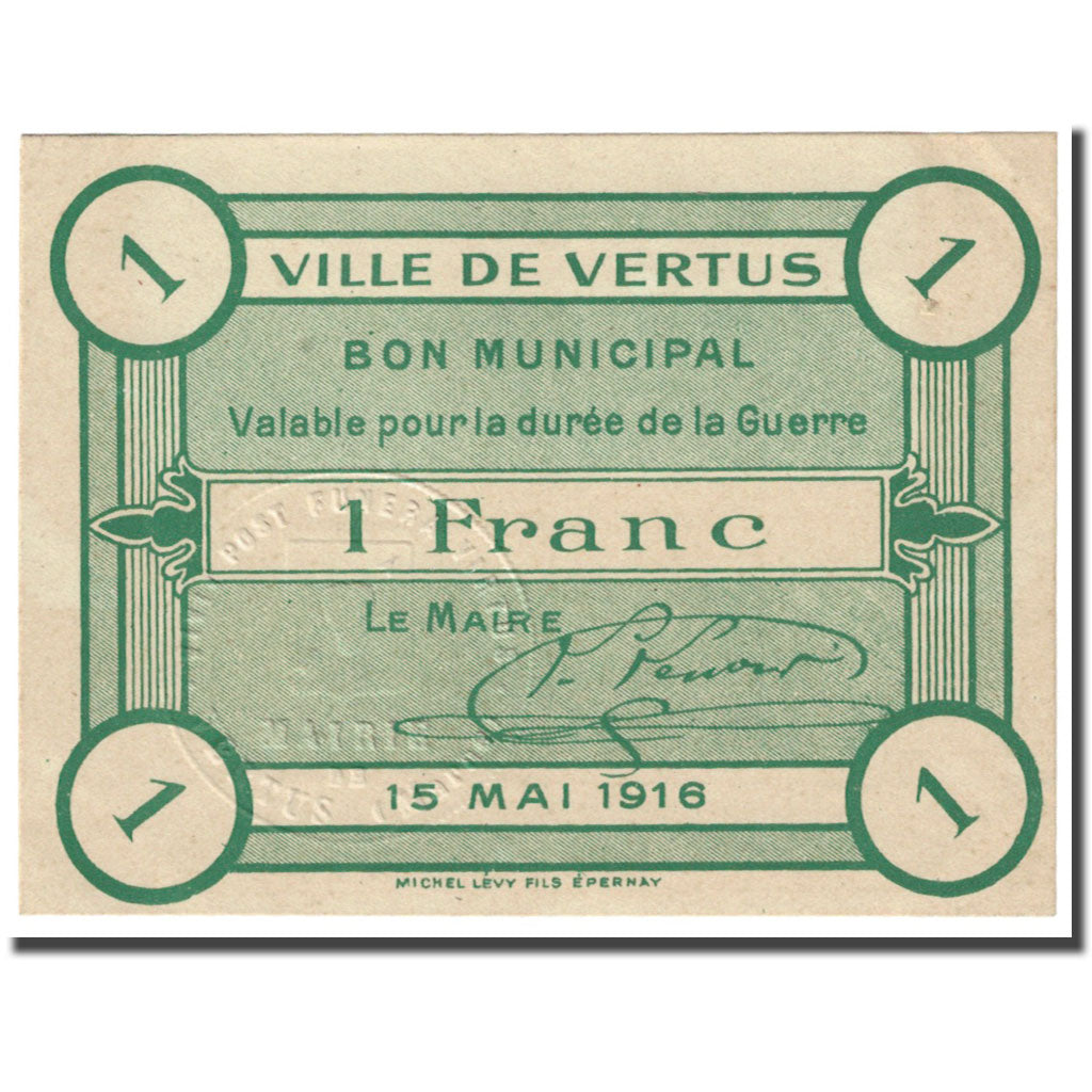 Frankrijk, Vertus, 1 Franc, 1916, Bon Municipal., SUP, Pirot:51-55