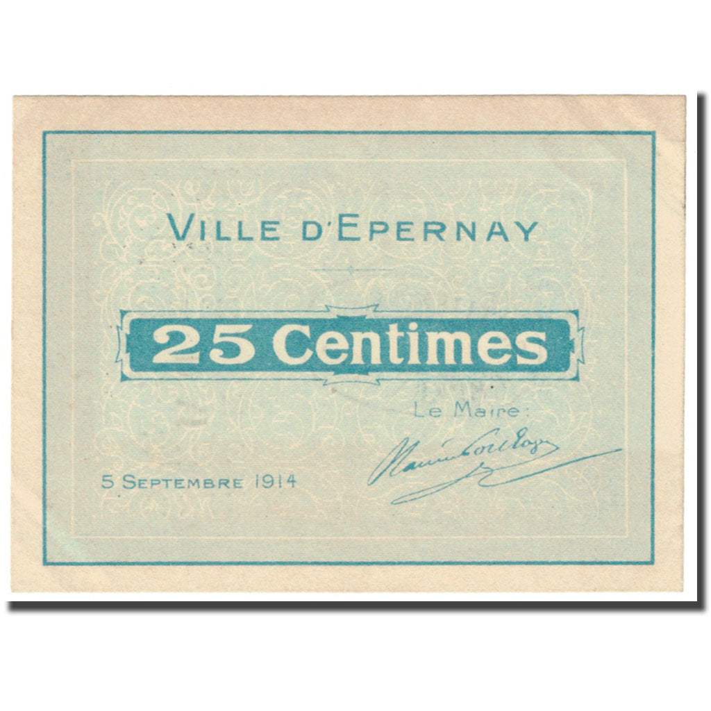 França, Epernay., 25 Centimes, 1914, Bon Municipal., AU(55-58), Pirot:51-14