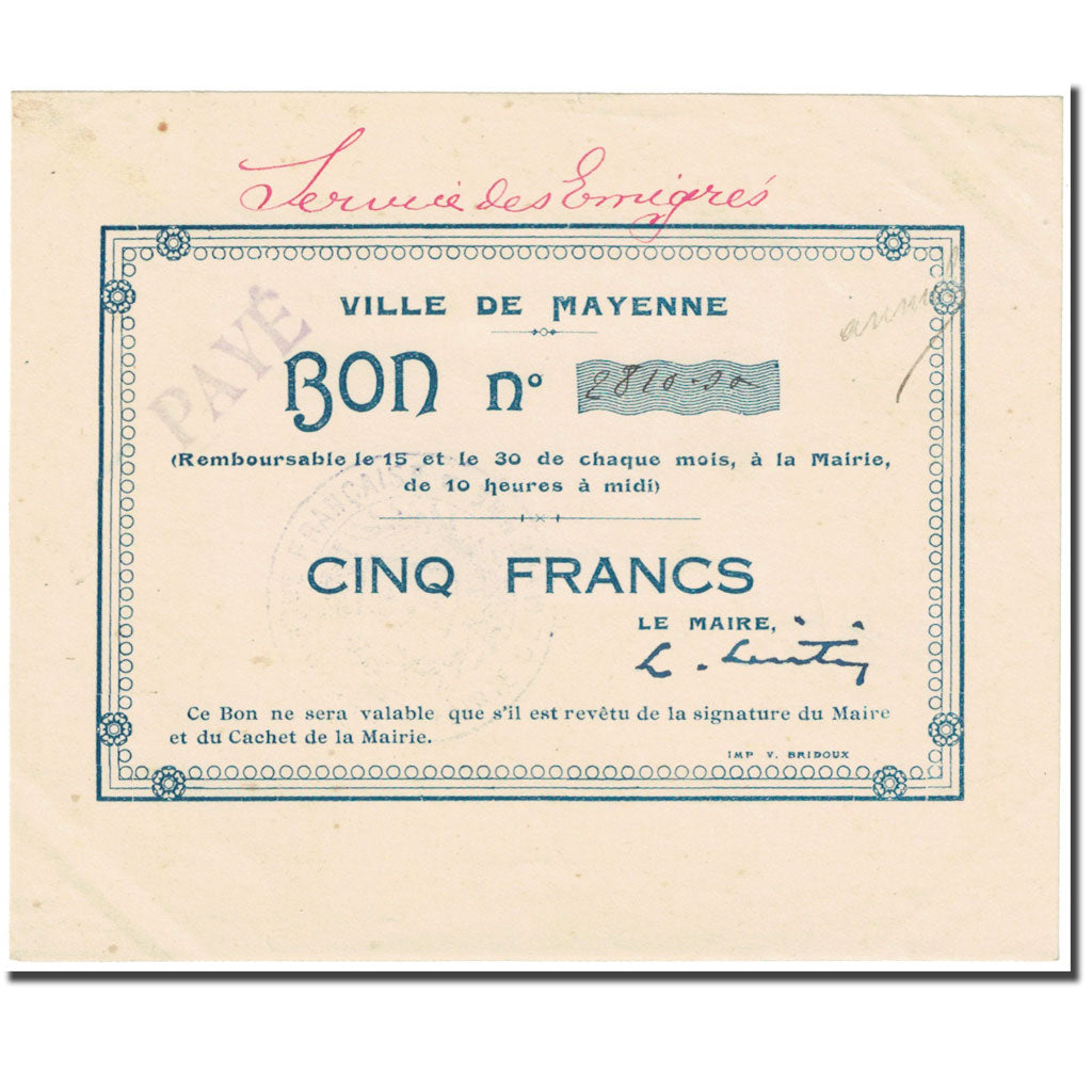 Francia, Mayenne, 5 Francs, Service des Emigrés., EBC, Pirot:53-2