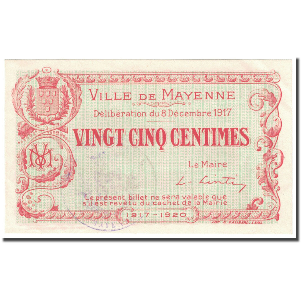 Francia, Mayenne, 25 Centimes, 1917, Bon Municipal., SC, Pirot:53-17
